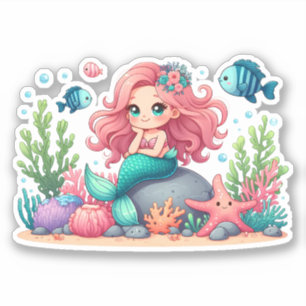 Pegatina Escena de sirena y amigos peces linda y caprichosa