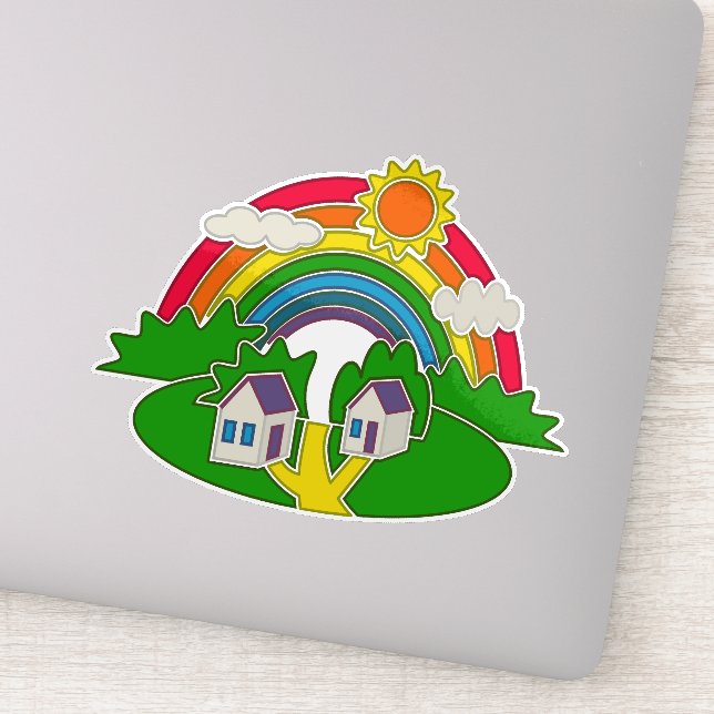 Pegatina Escena rural personalizado con arcoiris y casa de  (Detalle)