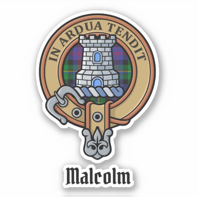 Pegatina Escudo de Clan Malcolm sobre Tartán (Anverso)