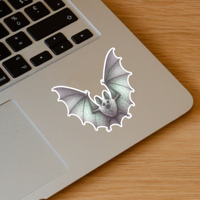 Pegatina Espeluznante ráfaga blanca de barba verde alas bri (Spooky flying glowing green white bat on vinyl sticker for Halloween.)