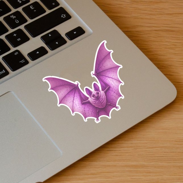 Pegatina Espeluznante ráfaga de murciélagos rosa volando se (Spooky flying glowing dark vibrant pink bat on vinyl sticker for Halloween.)