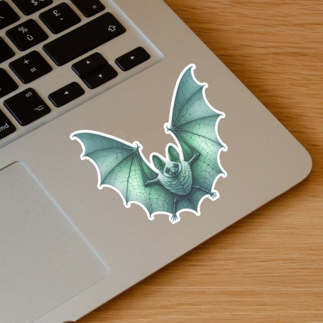 Pegatina Espeluznante ráfagas de aire verde brillante se pr (Spooky flying glowing greenish blue bat on vinyl sticker for Halloween.)