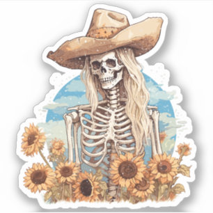 Pegatina Esqueleto rústico occidental de vaca con girasoles