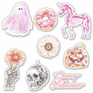 Pegatina Esqueleto Unicornio Fantasma Groovy Mano Halloween