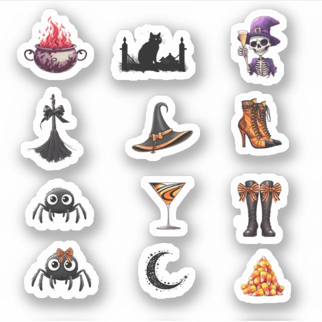 Pegatina Esqueletos arañas Boots Brooms coloridas Halloween (Anverso)