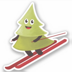 Pegatina Esquí de Pino Árbol Cute Nieve Deportiva Invierno