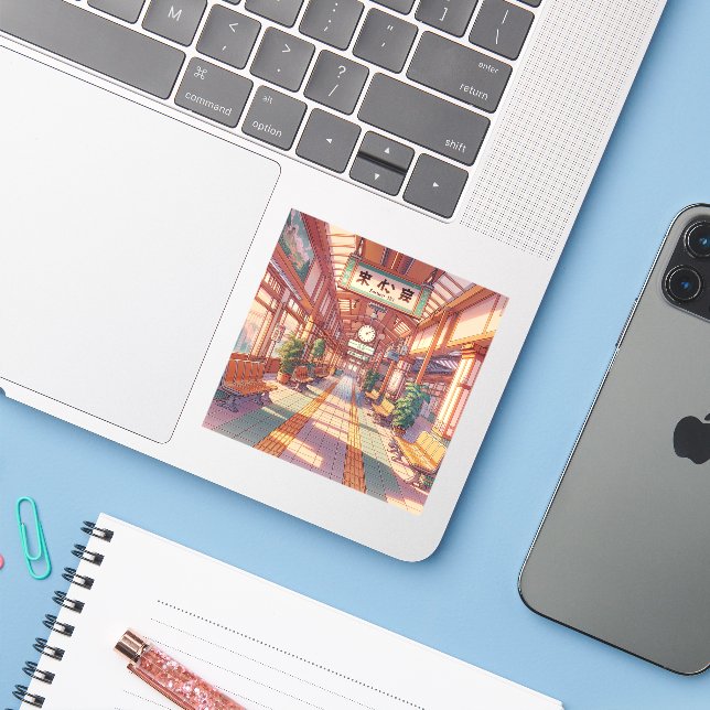 Pegatina Estación de tren Anime Japón de los años 90 (Ordenado portátil con iPhone)