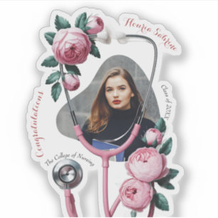 Pegatina Estetoscopio de Graduación Rosas Rosadas Florales 