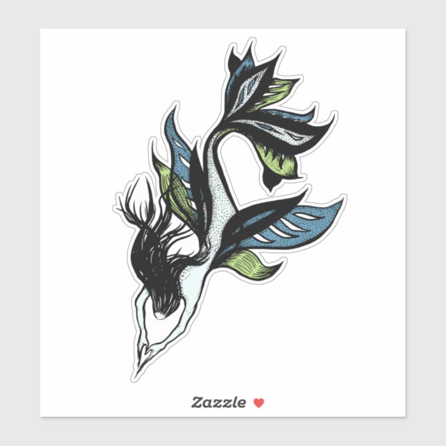 Pegatina Estilo de tatuaje de Sirena - Dibujo de tinta de f (Hoja)