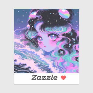 Pegatina Estrella Chica Kawaii bajo olas cósmicas