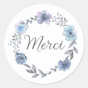 Pegatina / étiquette autcollante merci fleurs bleu