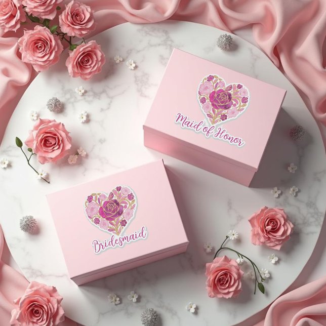 Pegatina Exquisite Pink Floral Heart Bridal (Exquisite Pink Floral Heart Bridal Party Custom-Shaped Vinyl Stickers. )