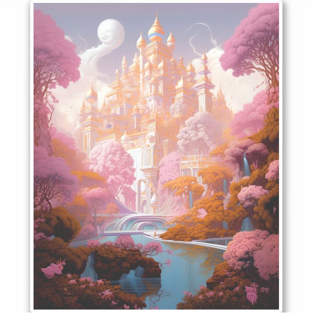 Pegatina Fairy Tale Castle Pink White Gold Fantasma Art (Anverso)