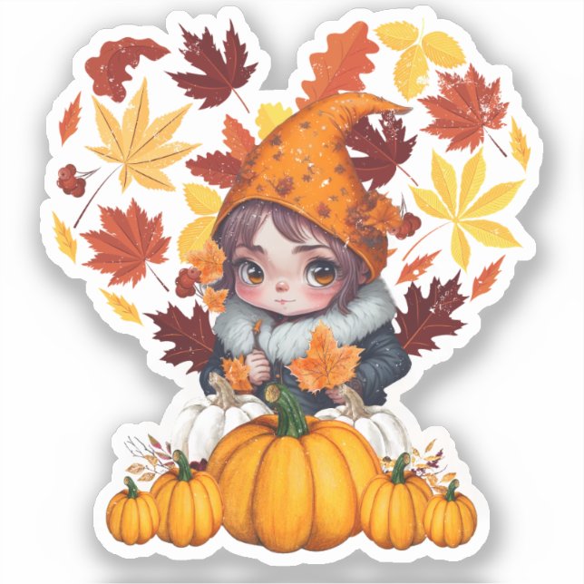 Pegatina Fall Vibes Gnome Pumpkin Heart Hello Otumt Vibes (Anverso)