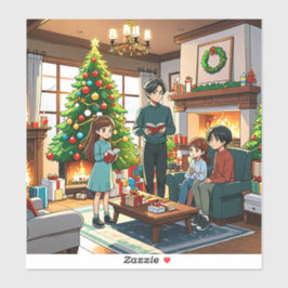 Pegatina Familia alrededor de la chimenea en Navidades - Pe