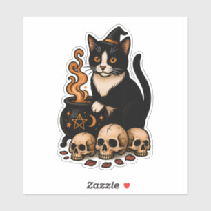 Pegatina Familiar de Bruja – Gato de Esmoquin y Caldero