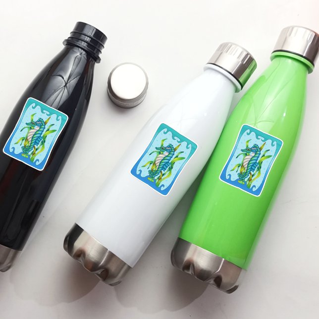 Pegatina Fantasía Blue Green Seahorse Dragon Seaweed Frame (Sea dragon seahorse with tail wrapped around seaweed in blue water frame, bubbles on vinly sticker.)