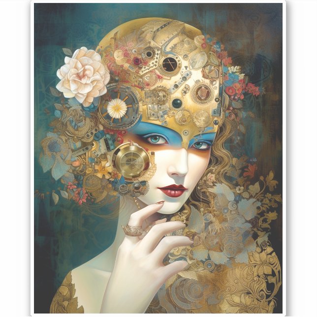 Pegatina Fantasía Mecánica Lady Robótica Sci-Fi (Anverso)