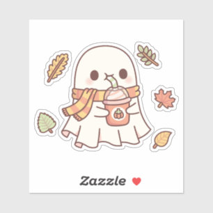 Pegatina Fantasma Adorable Bebiendo Pumpkin Spice Latte Oto
