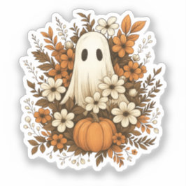 Pegatina Fantasma Adorable Con Calabaza Y Flores De Otoño –