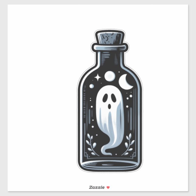 Pegatina Fantasma capturado dentro de una botella con escen (Hoja)