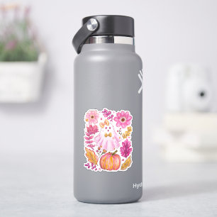 Pegatina Fantasma de Halloween Rosa Pastel con Flores y Cal