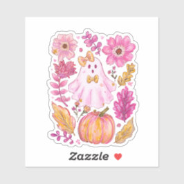 Pegatina Fantasma de Halloween Rosa Pastel con Flores y Cal