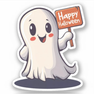 Pegatina Fantasma sostiene un feliz Rótulo de Halloween