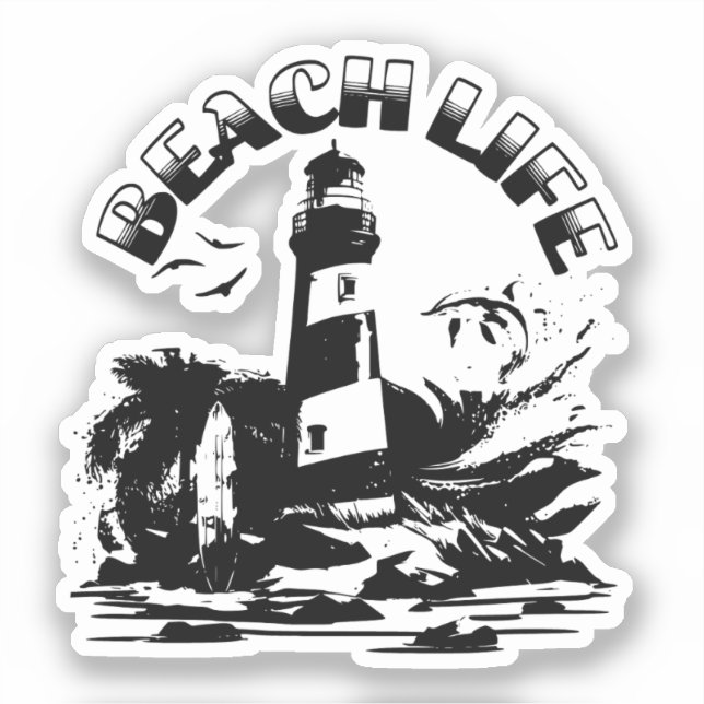 Pegatina Faro de playa vida en blanco y negro (Anverso)