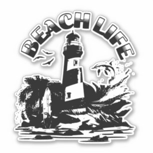 Pegatina Faro de playa vida en blanco y negro