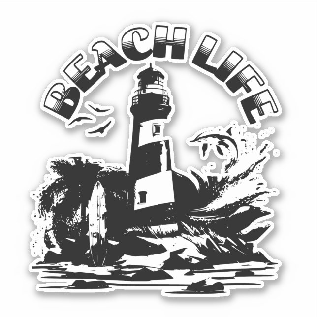 Pegatina Faro de playa vida en blanco y negro (Anverso)