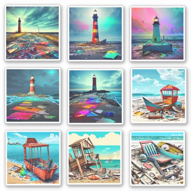 Pegatina Faros y barcos de playa abandonados (Anverso)