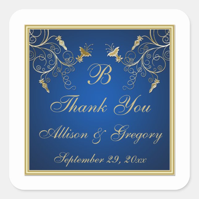 Pegatina favorito de la boda floral de oro y azul  (Anverso)