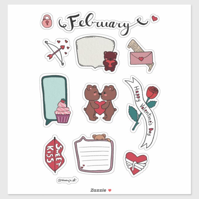 Pegatina February Sticker Sheet – Sweet Bears & Love Vibes (Hoja)