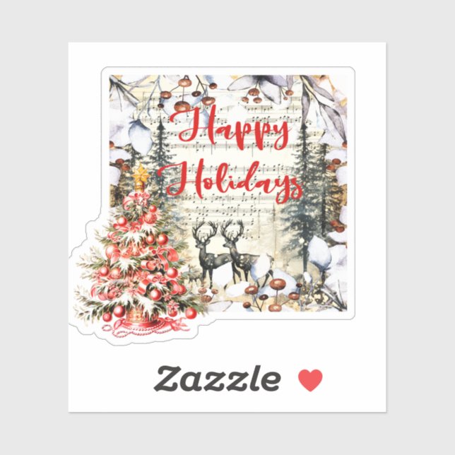 Pegatina Felices fiestas - Árbol de Navidad y ciervo (Hoja)