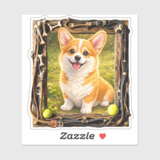 Pegatina Felicidad, enmarcada - cachorro Corgi