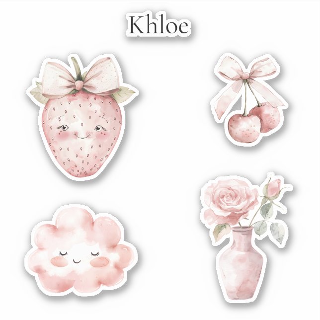 Pegatina Felicies Fresas Nubes Rosas Rosas Rosadas (Anverso)