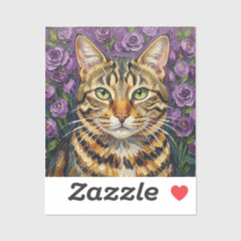 Pegatina Feline and Floral | Cute Artistic Gray Tabby Cat