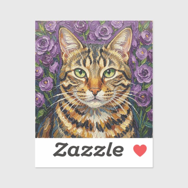 Pegatina Feline and Floral | Cute Artistic Gray Tabby Cat (Hoja)