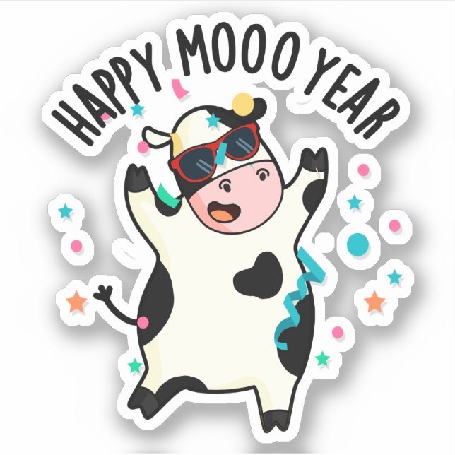 Pegatina Feliz Año Moo Divertido Cow Pun (Anverso)