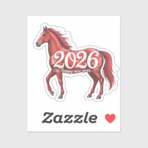 Pegatina Feliz Año Nuevo 2026 Ilustracion del caballo rojo