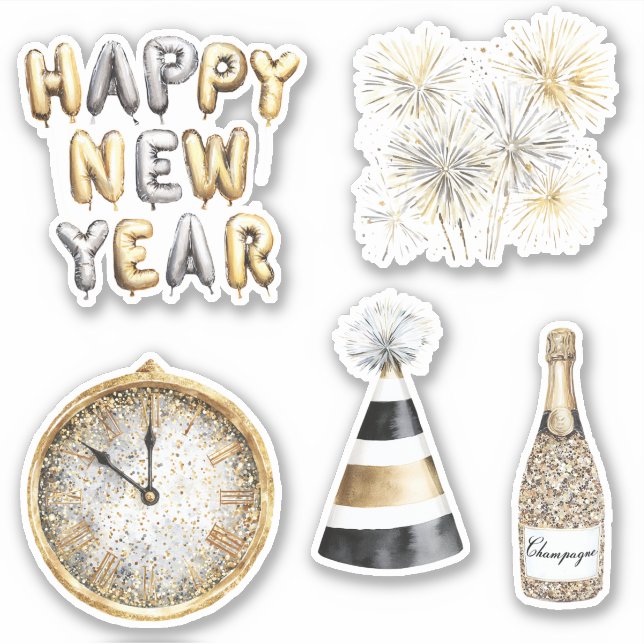 Pegatina Feliz Año Nuevo Gris Dorado (Anverso)