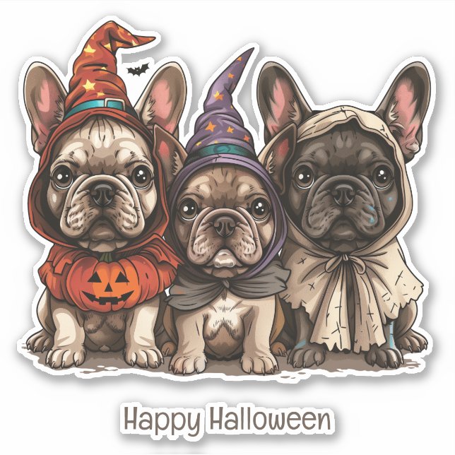 Pegatina Feliz Bulldog francés de Halloween (Anverso)