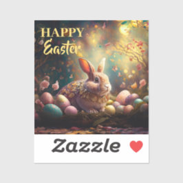 Pegatina Feliz Conejo de Pascua con huevos de Pascua