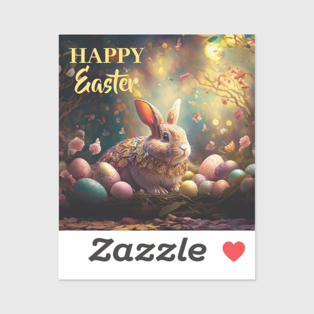 Pegatina Feliz Conejo de Pascua con huevos de Pascua (Hoja)