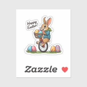 Pegatina Feliz Conejo de Pascua en un uniciclo con canasta 