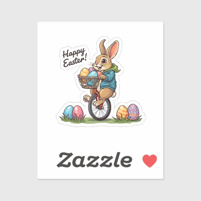 Pegatina Feliz Conejo de Pascua en un uniciclo con canasta  (Hoja)