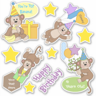 Pegatina Feliz cumpleaños a monos y estrellas