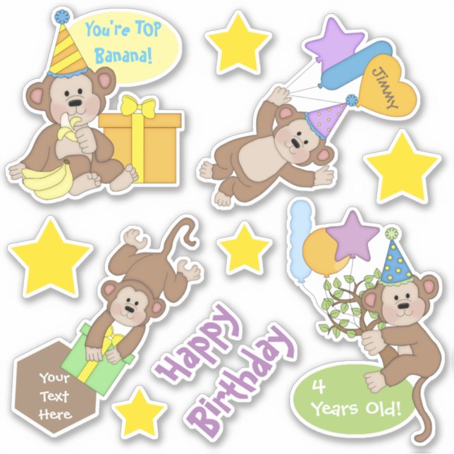 Pegatina Feliz cumpleaños a monos y estrellas (Anverso)