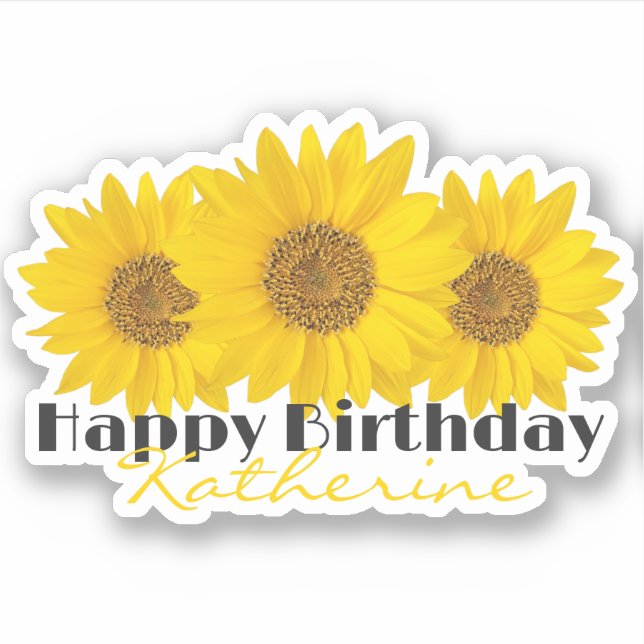 Pegatina Feliz cumpleaños con girasoles y nombre (Anverso)